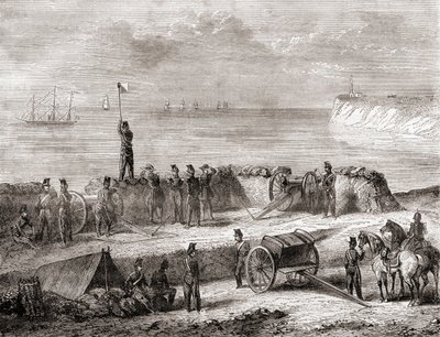 Comunicación entre un barco que entra en puerto y las tropas desembarcadas mediante el sistema de telegrafía por semáforo de banderas, de Les Merveilles de la Science, publicado hacia 1870 (grabado). de French School