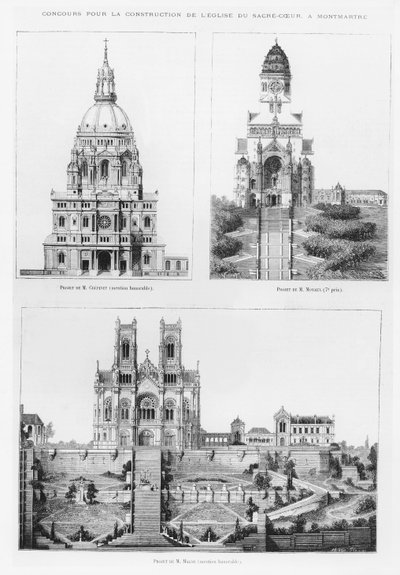 Concurso para la construcción de la Basílica del Sacré-Coeur en Montmartre, diseños de Monsieur Crépinet, Monsieur Moyaux y Monsieur Magne, 1875 de French School