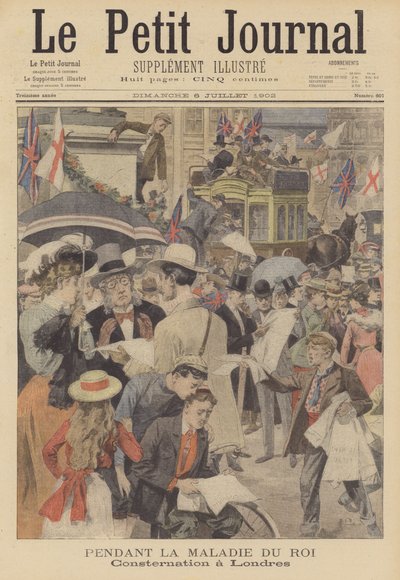 Preocupación en Londres por la enfermedad del rey Eduardo VII (litografía en color) de French School