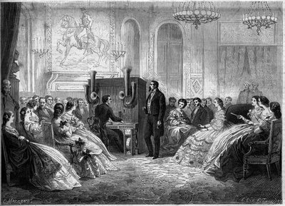 Concierto de “orquesta de piano electromotor”, por su inventor J.B. Schalkenbach, en presencia de Napoleón III y la Emperatriz Eugenia de Montijo. Palacio de Saint Cloud de French School