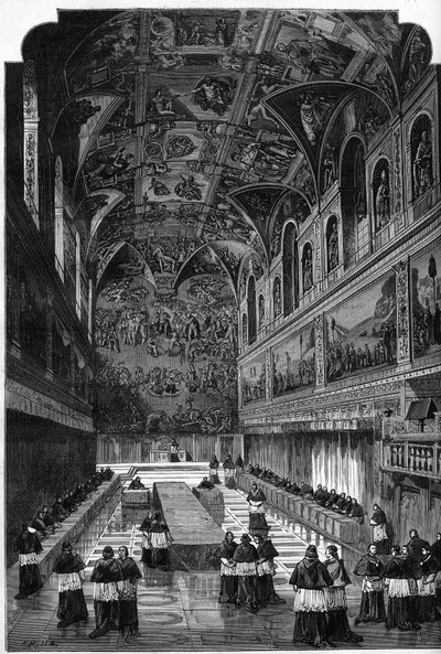 Cónclave de 1878: vista del interior de la Capilla Sixtina durante la votación para elegir al sucesor del Papa Pío IX, León XIII. Grabado en "Le Monde Illustré" n°1095 del 23 de marzo de 1878. de French School