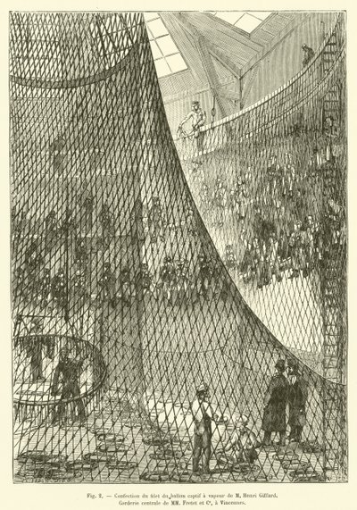 Confección de la red del globo cautivo a vapor de M. Henri Giffard, Cordería central de MM Fretet y Cía, en Vincennes de French School