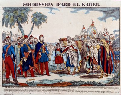 Conquista de Argelia (1830-1847): la sumisión de Abd el Kader (Abd-el-Kader o ibn Muhyi al-Din al-Hasani) (1807-1883) al Duque de Aumale y al ejército francés el 24/01/1848. Grabado de finales del siglo XIX Colección privada de French School