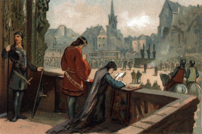 Constanza junto a su esposo Roberto II el Piadoso, Rey de Francia (996-1031), observa el tormento de los herejes condenados en la Plaza de Greve en París (Hoy Plaza del Ayuntamiento) de French School