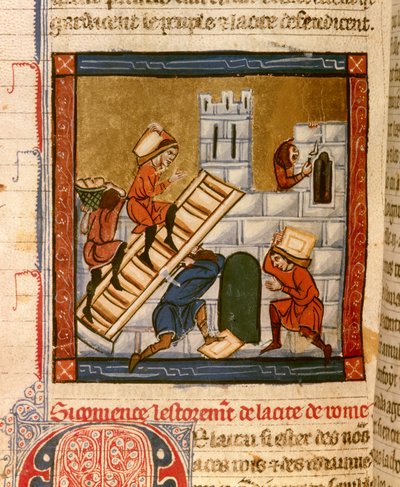 Construcción de Roma. Miniatura del manuscrito "Historia antigua a la Cesar", alrededor de 1260-1270 escrita por un escriba al servicio de la corte de Roger IV, Chatelain de Lille, el autor podría ser para algunos Wauchier de Denain. Dijon, Biblioteca Muni de French School