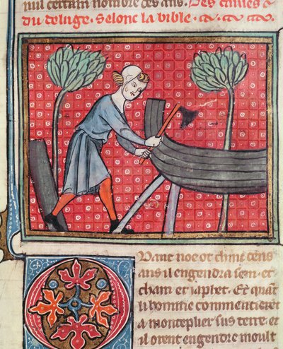Construcción de un barco, de la Biblia Historiale de Guiart des Moulins de French School