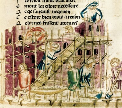 Construcción de una fortaleza" Miniatura de un manuscrito del siglo XIV París, B.N. de French School