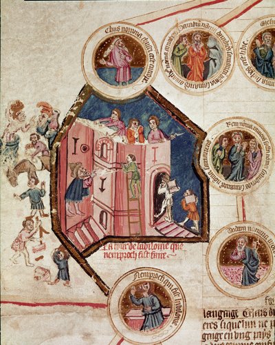 Lugar de construcción de la Torre de Babel en Babilonia Página tomada del manuscrito "Genealogía de la Biblia" de la escuela francesa. Siglo XIV Cremone, biblioteca governativa de French School
