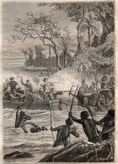 Continuado con flechas: Viaje de Philip Carteret en las islas de Santa Cruz, especialmente a la isla de Nendo en 1767 - ilustración tomada de “Los Grandes Marineros del siglo XVIII” de French School