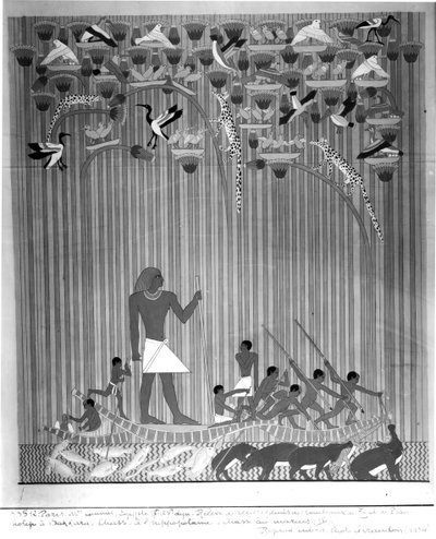 Copia de un relieve pintado egipcio que representa la Pesca y el Arponeo de Hipopótamos, de la Tumba de Ti y Ptah-Hotep en Saqqara, 5ª Dinastía, Reino Antiguo de French School