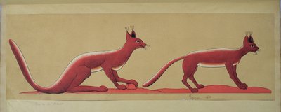 Copia de una pintura mural egipcia antigua original que representa dos gatos salvajes de French School