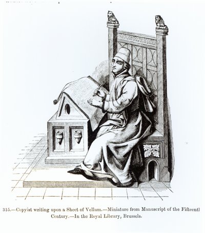 Copista escribiendo sobre una hoja de vitela, de un manuscrito, ilustración de Ciencia y Literatura en la Edad Media y el Renacimiento, escrito y grabado por Paul Lacroix, 1878 de French School