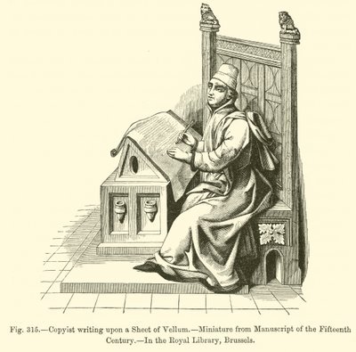 Copista escribiendo sobre una hoja de vitela (grabado) de French School