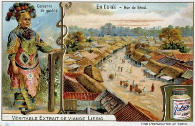Corea: Calle de Seúl y traje femenino - cromo Liébig, c.1900 de French School