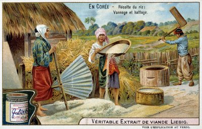 Corea: cosecha de arroz, tejido y trilla - cromo Liébig, c.1900 de French School