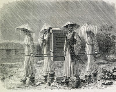 Coreanos vestidos con un palanquín (traje de lluvia de los coreanos) llevando una silla. Ilustración tomada de "An expedition in Korea" del Sr. H. Zuber, antiguo oficial de la marina (1866) - en "Tour du Monde". de French School