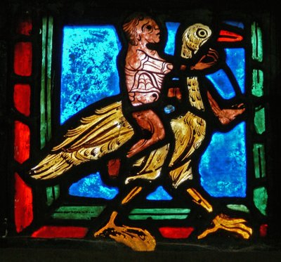 Pieza de esquina de una ventana que representa la parábola del Buen Samaritano: hombre y pájaro de French School