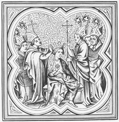 Coronación de Carlomagno (742-814) después de una miniatura en Crónicas de San Denis de French School