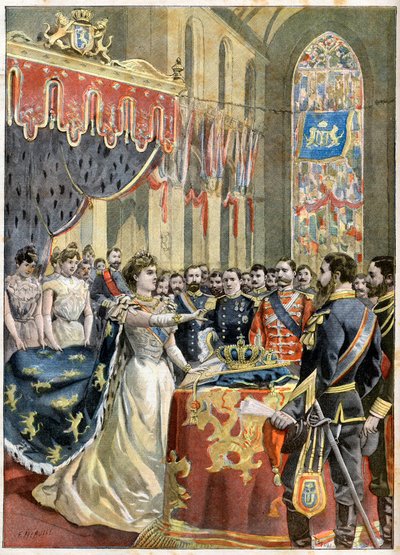 Coronación de la Reina Guillermina de los Países Bajos. Coronación de la Reina Guillermina de Holanda (1880-1962) en la Nieuwe Kerk en Ámsterdam - Ilustración para Le Petit Journal de French School