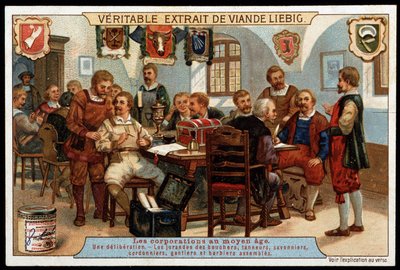 Corporaciones en la Edad Media: una deliberación de los jurados de carniceros, curtidores, jaboneros, zapateros, guanteros y barberos reunidos - viñeta publicitaria Liébig, finales del siglo XIX de French School