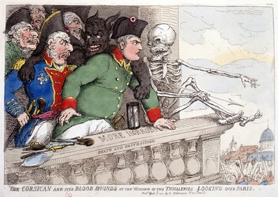 Córcega y sus sanguinarios mirando a París a través de la ventana de las Tullerías - en "Napoleón I", caricaturas, colección de maniquíes, c. 1814-1815. de French School