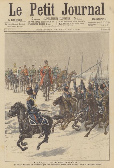 Cosacos aclamando al zar Nicolás II antes de partir hacia Extremo Oriente para luchar contra los japoneses (litografía en color). de French School