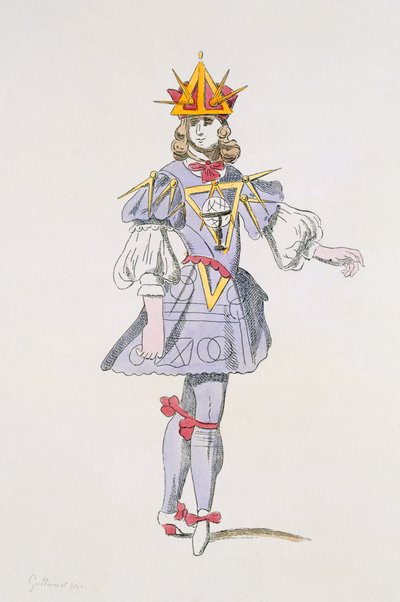 Diseño de vestuario para Geometría en un ballet cortesano del siglo XVII, de la colección Menus Plaisirs, facsímil de A. Guillaumot Fils (grabado en color) de French School