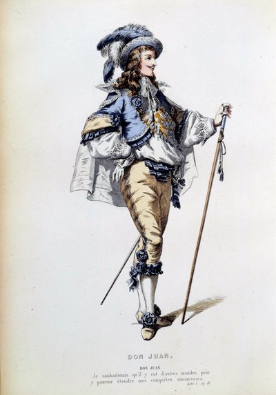 Traje para el personaje de Don Juan en la escena 2 del Acto I de la obra homónima de Jean Baptiste Poquelin, conocido como Molière (1622-1673). Grabado del siglo XIX París, Comédie-Française de French School