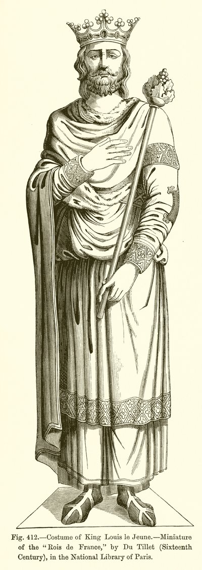 Traje del rey Luis el Joven, miniatura de los Reyes de Francia, por Du Tillet, siglo XVI, en la Biblioteca Nacional de París de French School