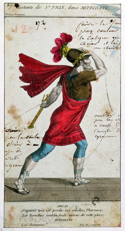 Vestuario de Saint-Prix en la tragedia Mithridate de Racine, siglo XVIII-XIX (grabado en color) de French School