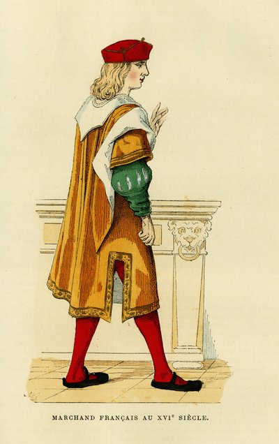 Traje de un mercader francés del siglo XVII. Grabado en colores, en "France et les francais a travers les centuries" de Augustin Challamel, F.Roy editor, París 1882. Colección Selva. de French School