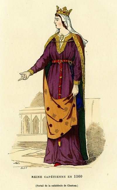Traje de una reina capetiana en 1360, con corona dorada, sobre un ligero velo que oculta parcialmente su peinado liso, lleva una clámide abierta sobre el pecho sujeta por una fíbula de cadena dorada, la túnica muy larga está ceñida a la cintura por un bord de French School