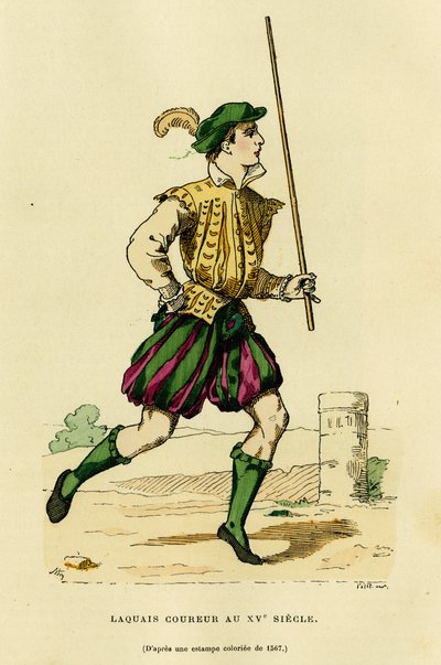 Traje de lacayo corredor en el siglo XV, encargado de correr delante del carruaje para despejar el camino y anunciar el paso de un noble o señor. Grabado en color, en “Francia y los franceses a través de los siglos” de Augustin Challamel, F.Roy ed de French School