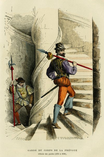 Traje del guardaespaldas del preboste, seguido por un oficial de los guardias (1574 a 1589). Grabado en color, en “Francia y los franceses a través de los siglos” de Augustin Challamel, F.Roy editor, París 1882. Colección Selva. de French School