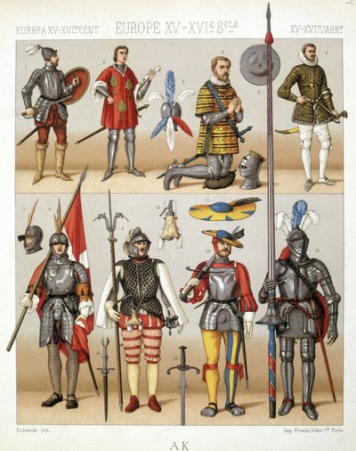 Trajes y armaduras de la Edad Media - en "El traje histórico" de Racinet de French School