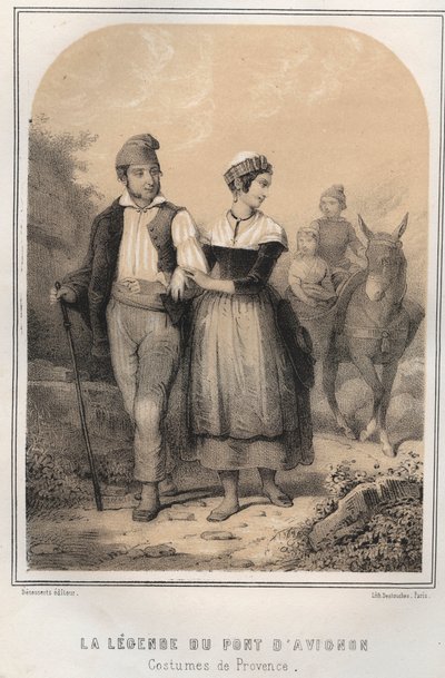 Trajes de Provenza - la leyenda del puente de Aviñón - grabado en “Les soirées de mon oncle souvenirs et récits de voyages” por MORING MICHEL - Finales del siglo XIX de French School