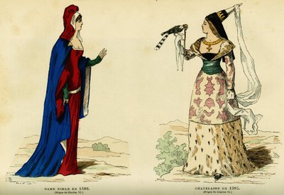 Trajes de dama noble en 1386 y de chatelaine en 1395 (reinado de Carlos VII 1403-1461). Grabado en color, en "France et les francais a travers les centuries" de Augustin Challamel, F.Roy editor, París 1882. Colección Selva. de French School