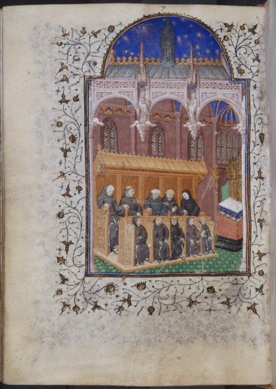 Cott Dom A XVII f.122v Frailes vestidos de negro cantando en un coro, del Salterio de Enrique VI, París, c.1420 (vitela) de French School