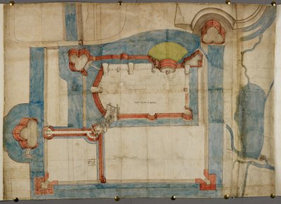 Cotton Augustus I ii 52, Un plano coloreado del Castillo de Guînes hacia 1540 (pergamino) de French School