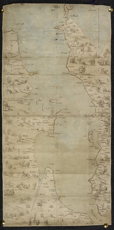 Cotton Augustus I ii f.65 Mapa del Canal de la Mancha (costa sur inglesa y costa norte francesa) por Jean Rotz de French School
