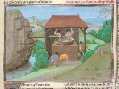 Cotton Augustus V, f.363 Cobertizo de sal con sartén y horno, ilustración de 