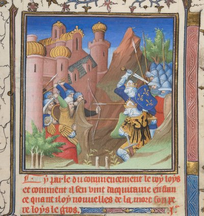 Cotton Nero E II pt.1, f.222, Batalla de Luis VII y su padre, de Grandes Chroniques de France de French School