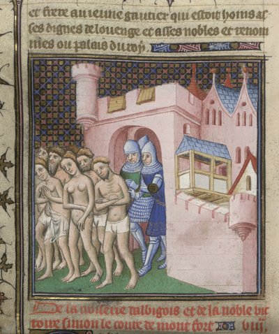 Cotton Nero E. II pt.2, f.20v Expulsión de los albigenses de Carcasona en 1209, de las 