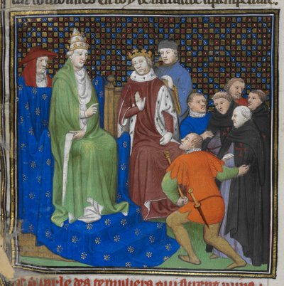 Cotton Nero E II pt2 fol.100v Los Templarios ante Felipe IV (1268-1314) y el Papa Clemente V (c.1260-1320), de 