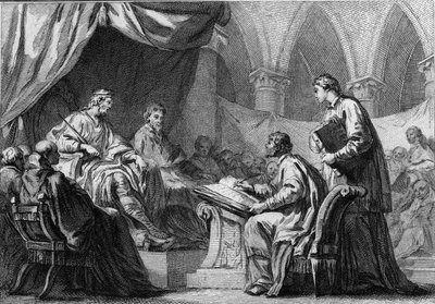 Consejo de Orleans, 511: Clovis I (466-511), Rey de los Francos, asistiendo al Consejo que estableció la cooperación entre los reyes de Francia y la Iglesia Católica. Grabado del siglo XVIII. de French School