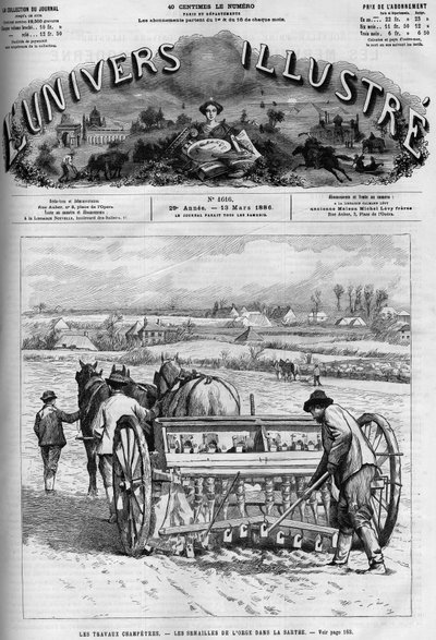 Trabajo en el campo: siembra de cebada en la Sarthe. Un periódico. Grabado en "Le Monde Illustré", 13 de marzo de French School