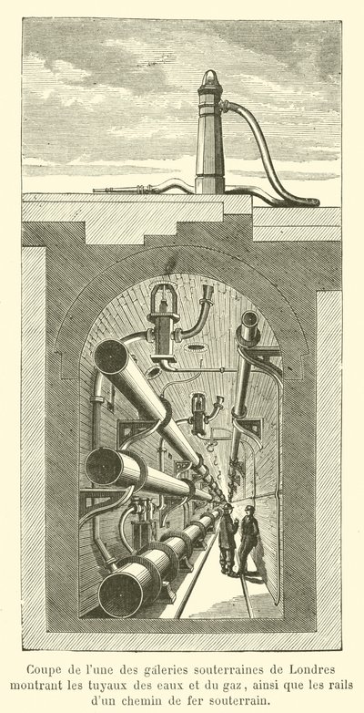 Corte de una de las galerías subterráneas de Londres mostrando las tuberías de agua y gas de French School