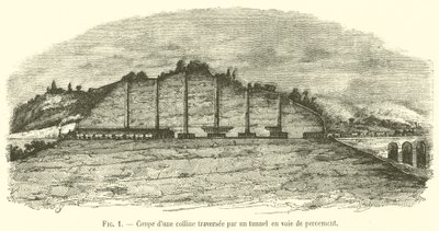 Corte de una colina atravesada por un túnel en construcción de French School