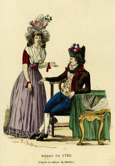 Pareja a la moda de 1792. Grabado en color según el dibujo del gabinete de Harlem, en “Francia y los franceses a través de los siglos” de Augustin Challamel, F.Roy editor, París 1882. Colección Selva. de French School