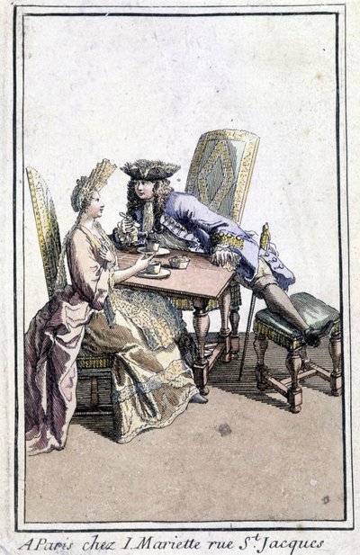 Pareja tomando café - grabado de French School